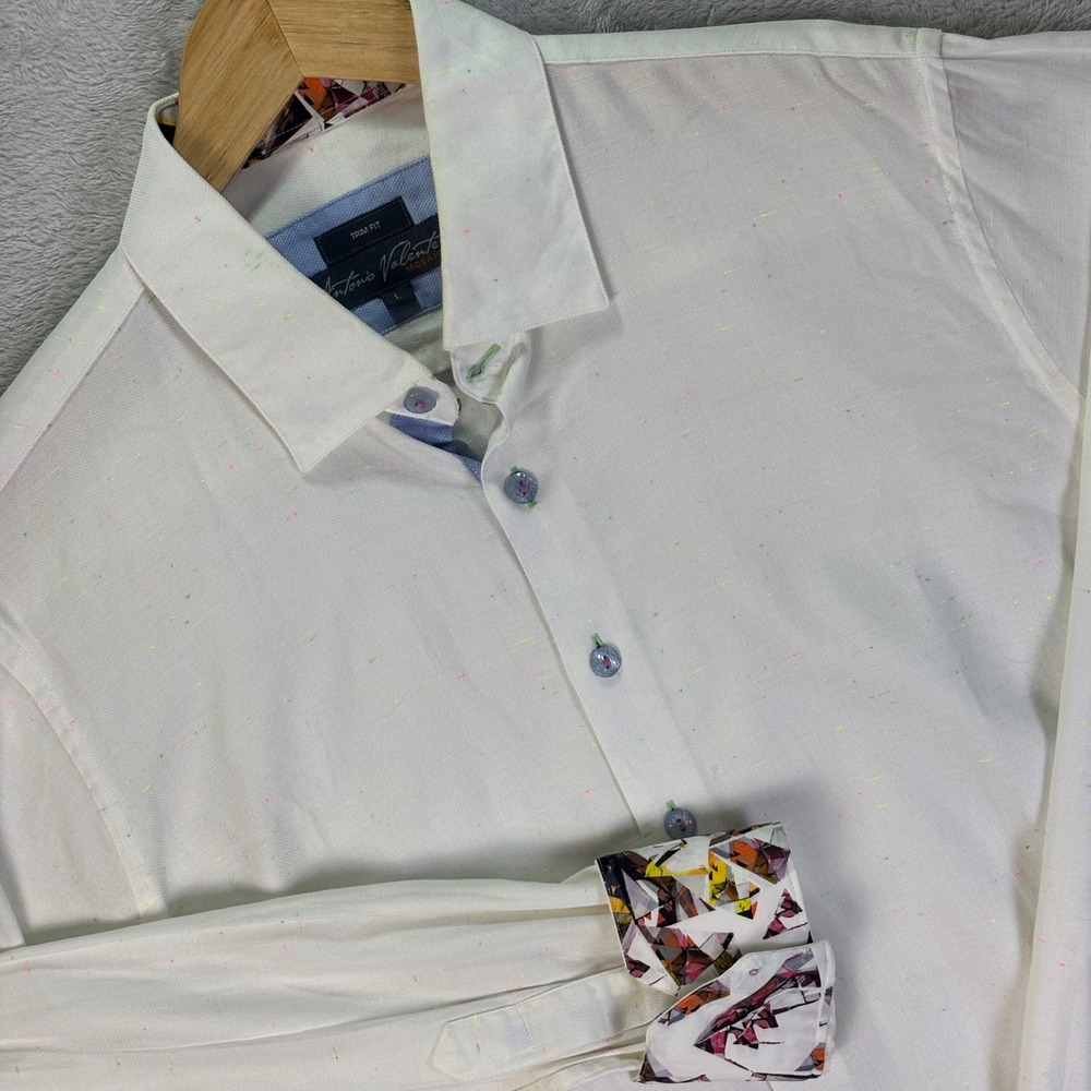 Antonio Valente Men's White Button-Up Shirt Geometric Cuffs Trim Fit Speckled L